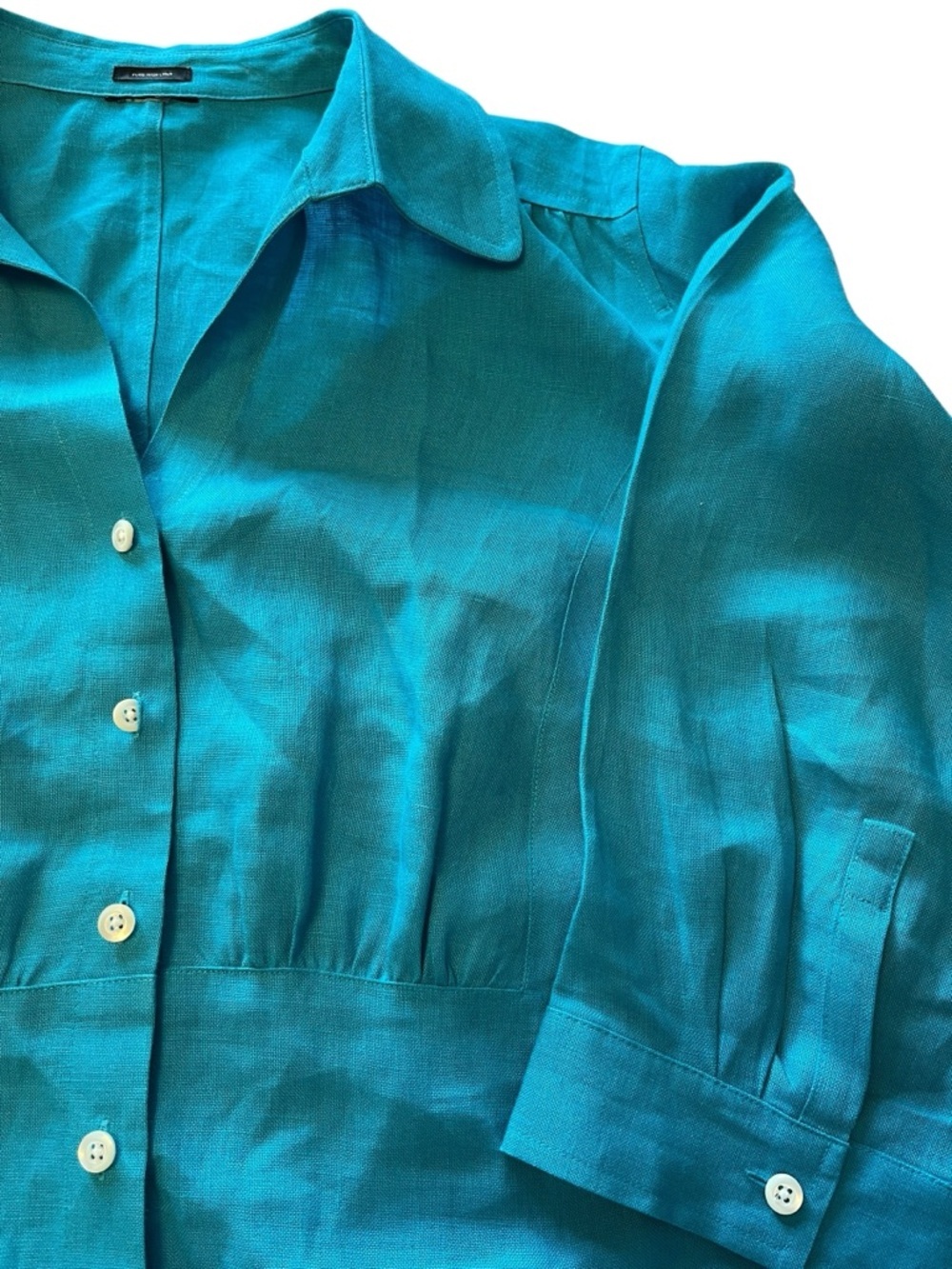 Irish Linen Turquoise Collared Blouse Button Front Cinched Waist 2X - Picture 3 of 11